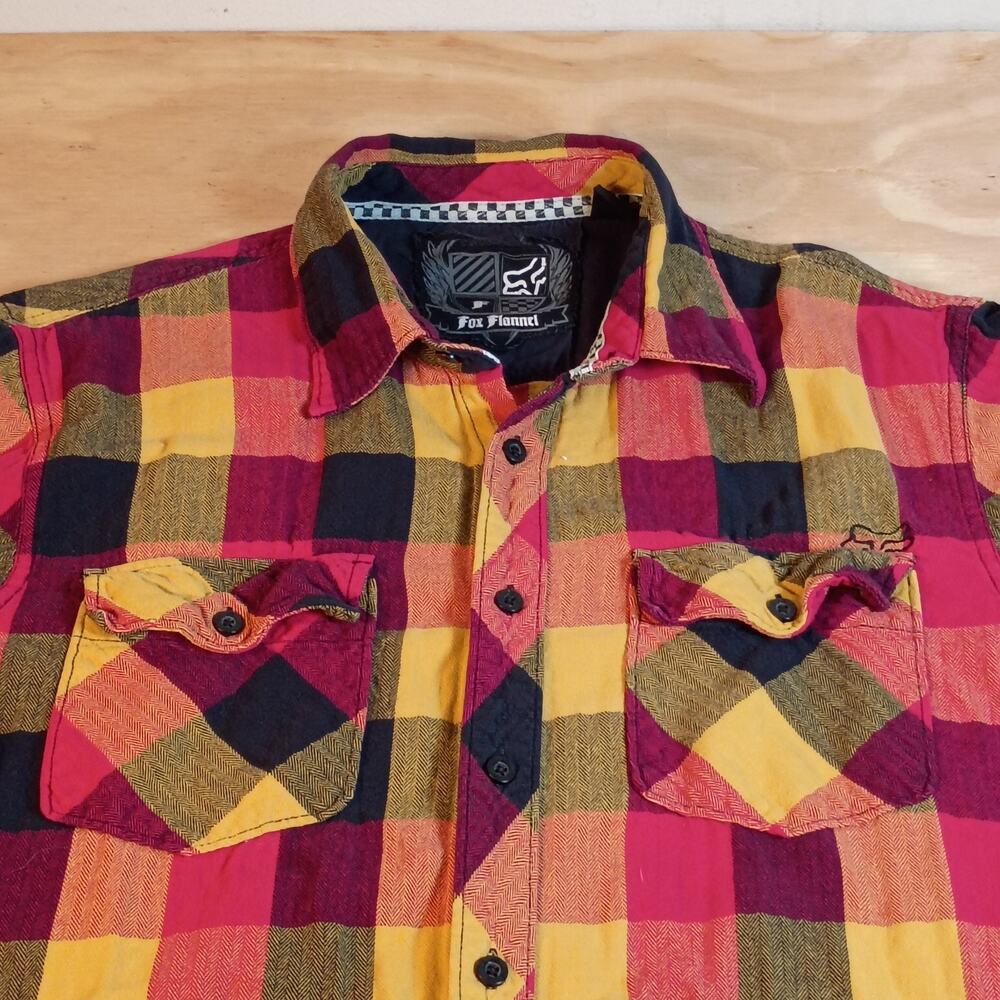 Fox Flannel Shirt Mens LARGE Red Yellow Black Plaid Racing Cotton Long Sleeve